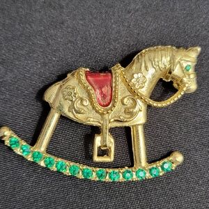 Vintage Gold Rocking Horse Brooch with Red and Green Crystal Stones